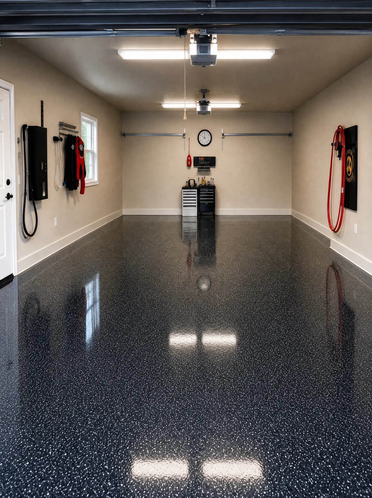 Garage after a Valley Surface Solutions epoxy flake coating