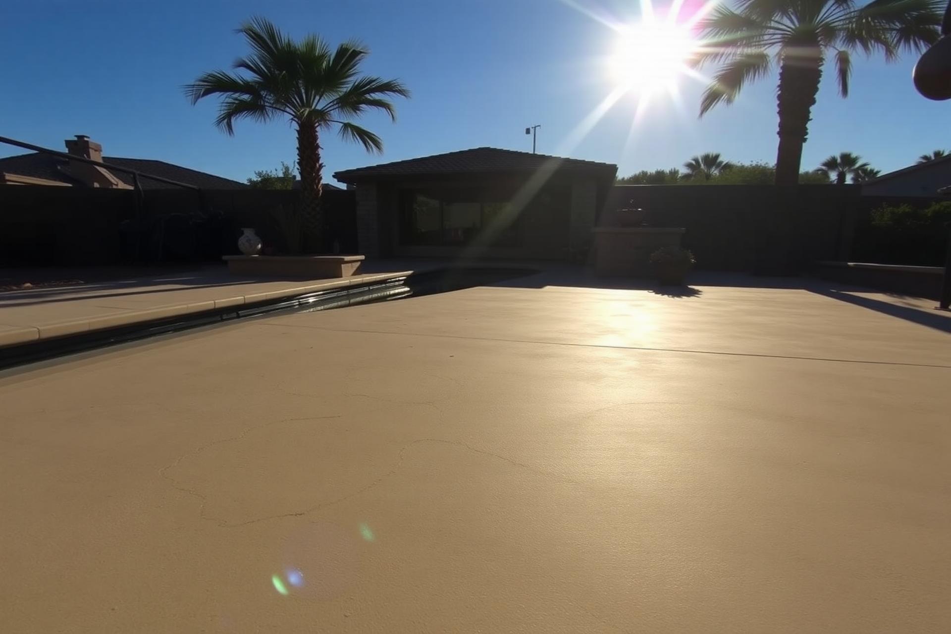 Coated pool deck at an Arizona home at dusk
