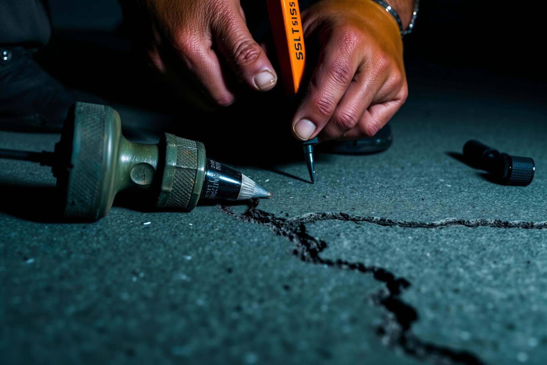 Concrete crack repair in progress on a slab