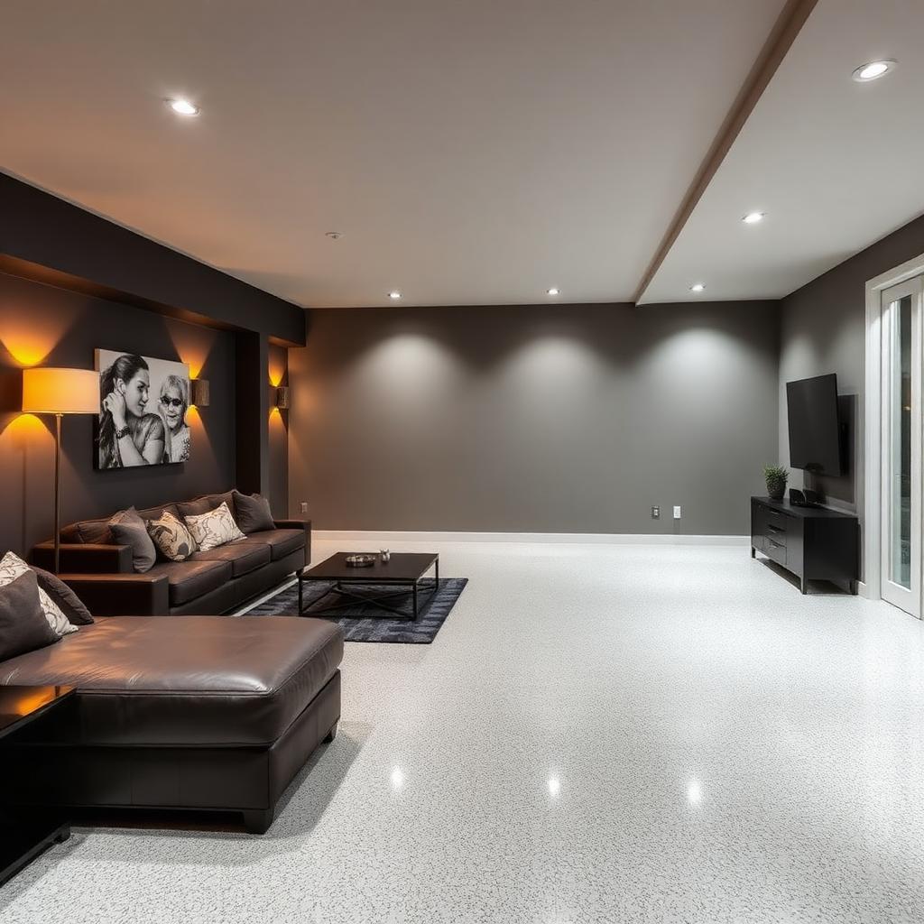 Basement living space with light flake epoxy floor